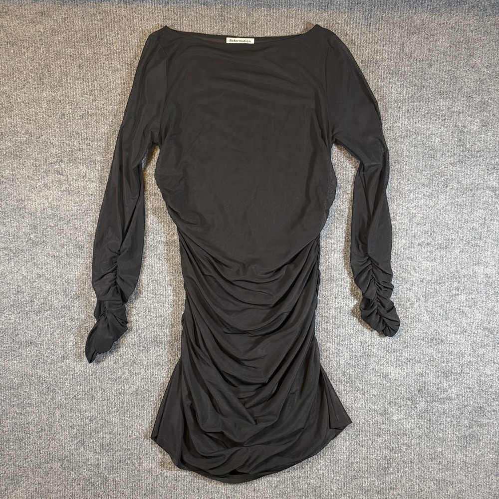 Reformation M Black Sheer Mesh Ruched Long Sleeve Mini Dress Bodycon‎